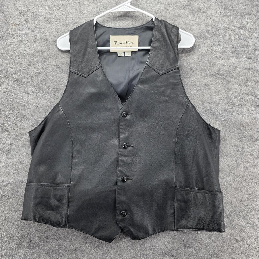 Pioneer Wear Vest Mens L Black Leather Biker Button Pockets Lined Short